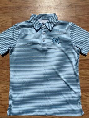 Boys Light Blue Striped Polo with UNC Logo (Size 7-8)